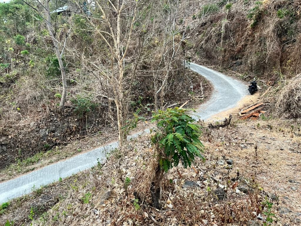 Paved access road leading up Locco Hill to the property