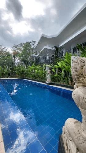 Swimming pool with tropical stone statues