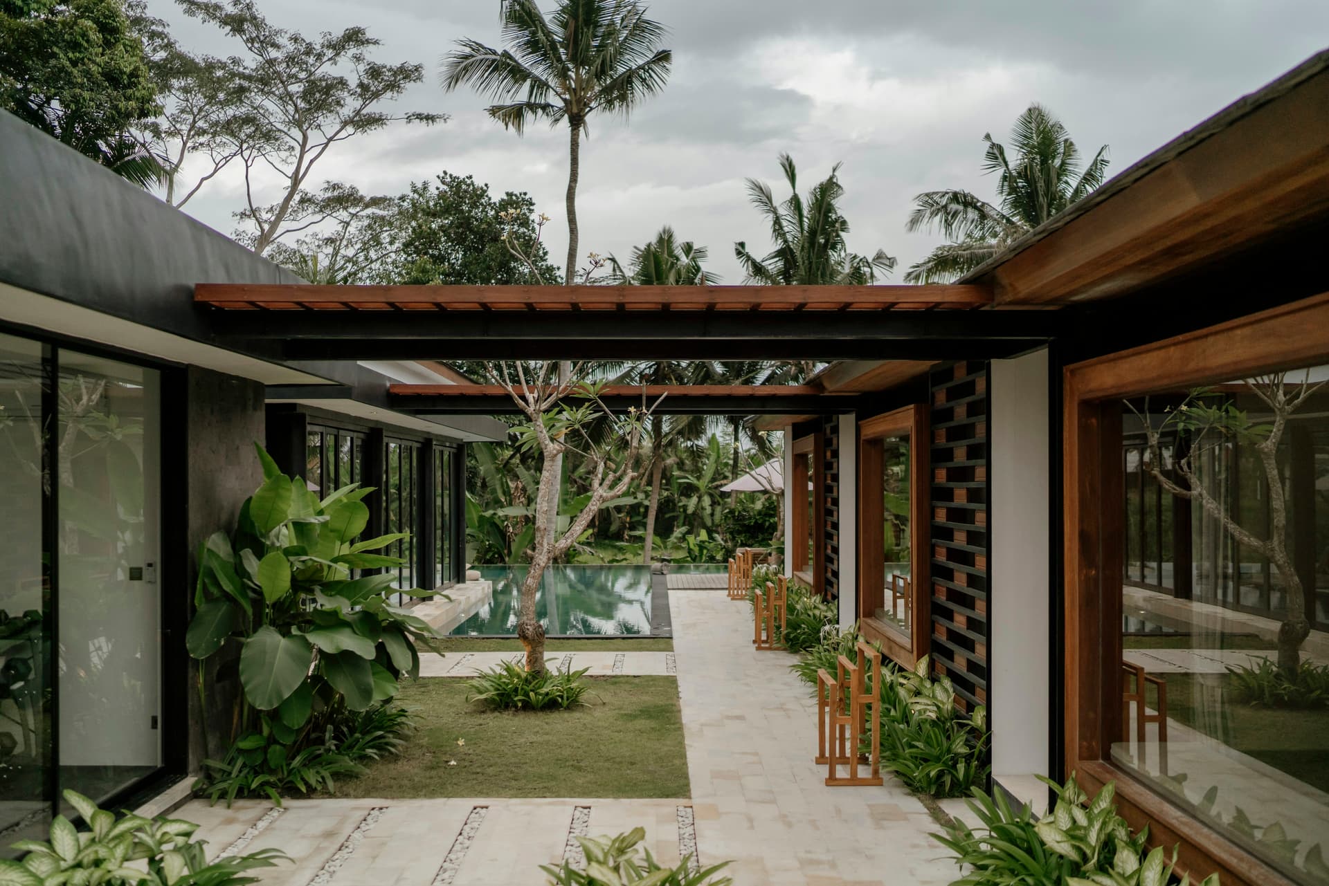A contemporary tropical house opening onto a planted courtyard